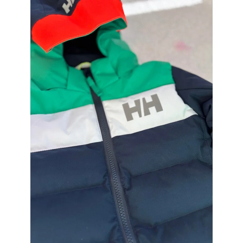 Helly Hansen Kids Puffer Ski Jacket Navy Green White‎ Hooded Coat Size 4 NWOT